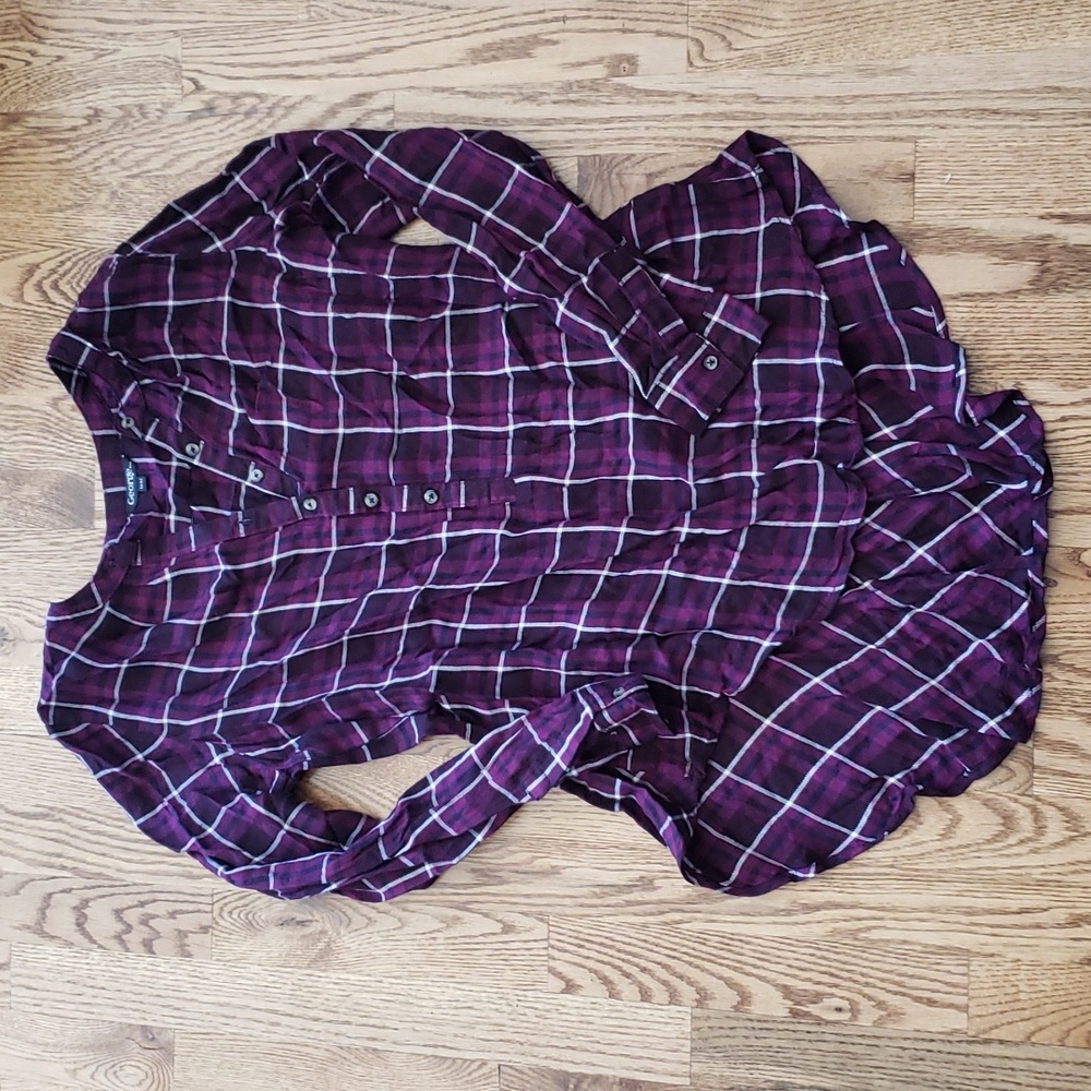 (M) George. Plaid Print Long High Low Hem Top Country Casual Classic Country